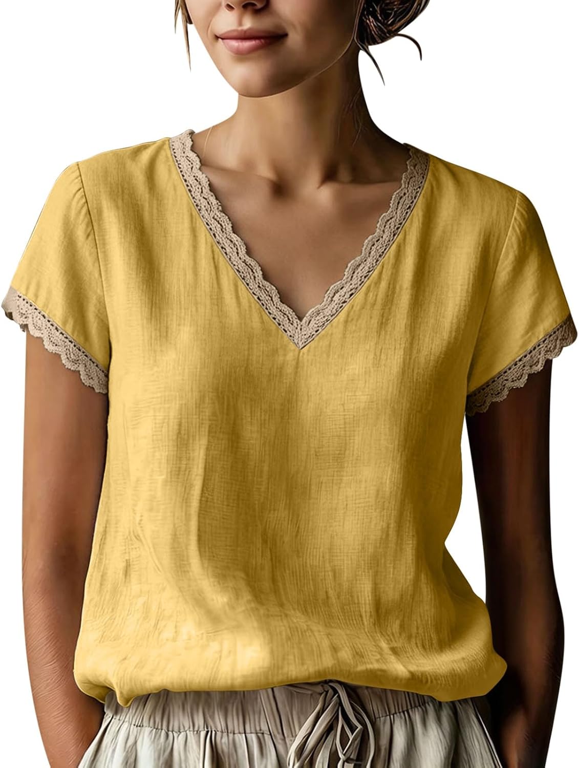 Linen Tops for Women Lace Trim V Neck Cotton Gauze Shirts Summer Vacation Boho Cap Sleeve Dressy Casual Blouses