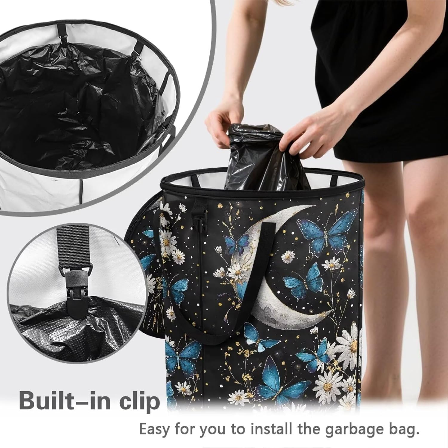 doginthehole Daisy Butterfly Moon Portable Trash Can Large Foldable Big Camping Can with Lid Storage Bag Pop Up Trash Cans for Parties, 22.83x17.71 in