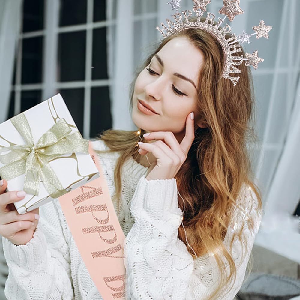 FatCat Set Compleanno: Fascia Per Capelli Con Stella E Fascia Con Scritta 'Happy Birthday' - Principessa Glitter Per Bambine E Ragazze