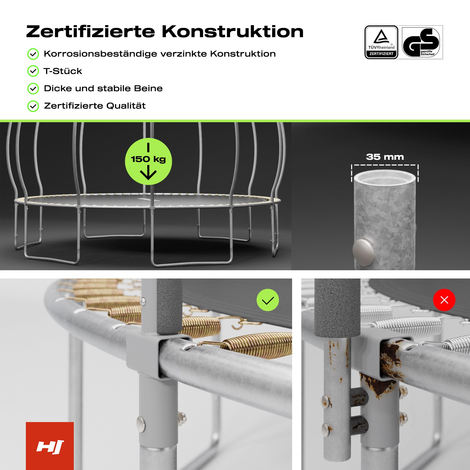 Hop-Sport Trampolin Outdoor - Ø 244/305/366/427/488 cm - Trampolin mit innenliegenden Sicherheitsnetz, gebogenen Netzstangen und Sicherheitszertifikaten - Komplettset mit Leiter Randabdeckung
