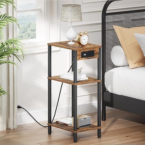 Miniatura 2 de Mesa auxiliar con estación de carga, mesas auxiliares altas para sala de estar, mesita de noche delgada de 30 pulgadas con almacenamiento, mesitas