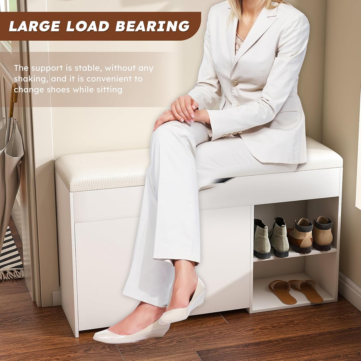 39 Inches Storage Bench, Shoe Bench with Padded Seat Cushion, Adjustable 3-Tier Flip-Up Drawers & Hidden Cabinet, Space-Saving Shoe Organizer, for Entryway, Living Room, Bedroom, White