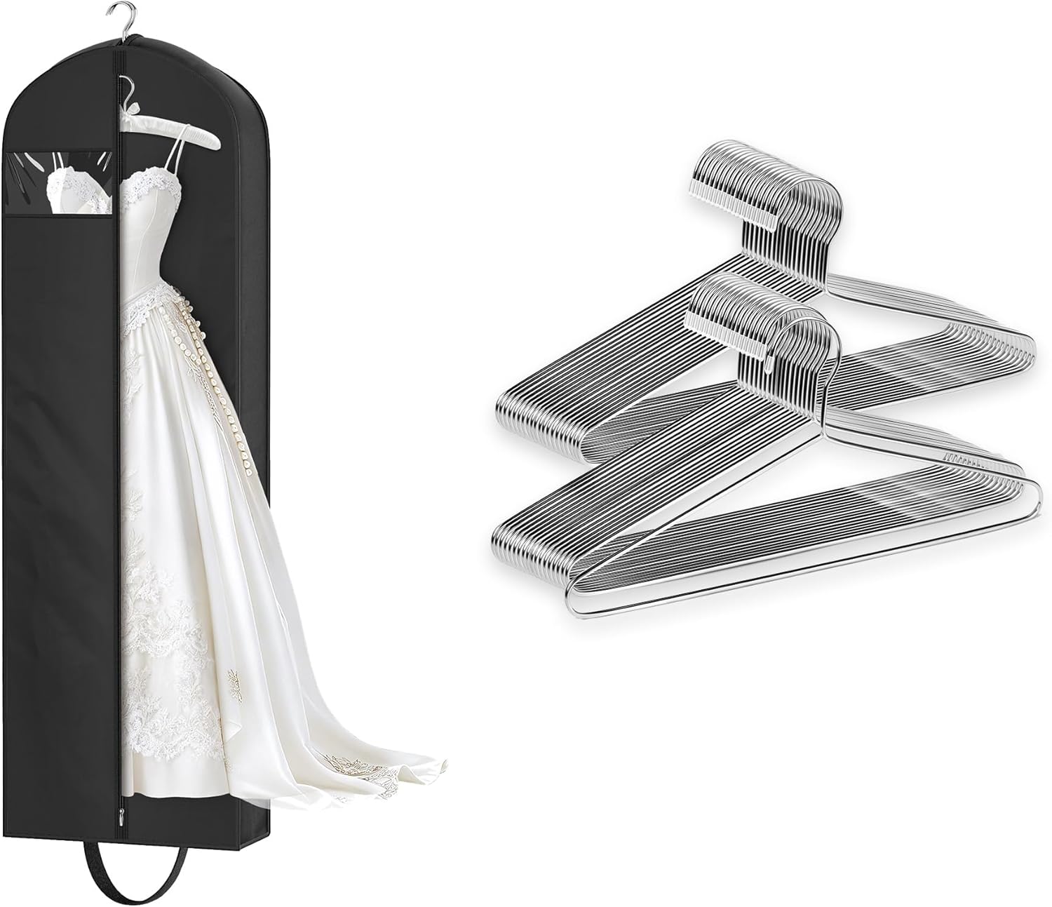 KEETDY 50 Pack Metal Hangers Coat Hangers and 72" Wedding Dress Garment Bag for Travel