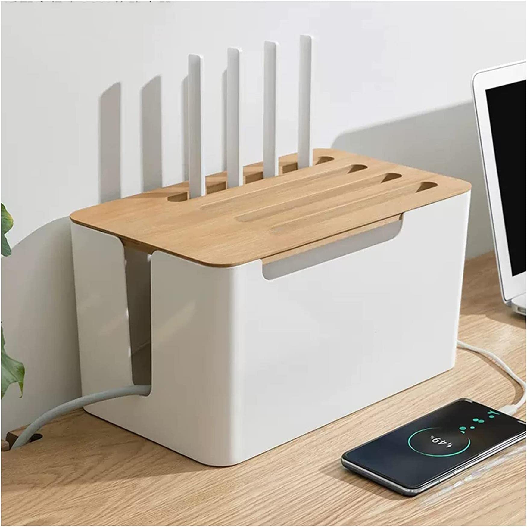 Boîte de rangement de routeur WiFi et câbles blanche