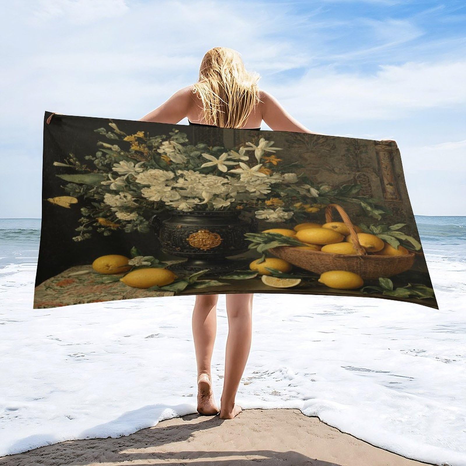 Luyysky Rustic Vintage Fruit Lemon Quick-Drying Beach Towel, Retro Oil Painting Italian Theme Plant Flower Tropical Lemon Travel Vacation Single Sided Pile Bathroom Towels-80 W Cm X 160" L Cm