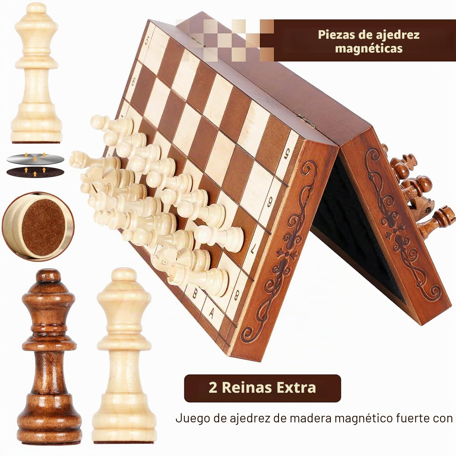 Syrace Juego de ajedrez magnético, Juego de Mesa, Plegable, de Madera, Hecho a Mano, portátil, ajedrez con Piezas y Ranuras de Almacenamiento, 2 jugadores