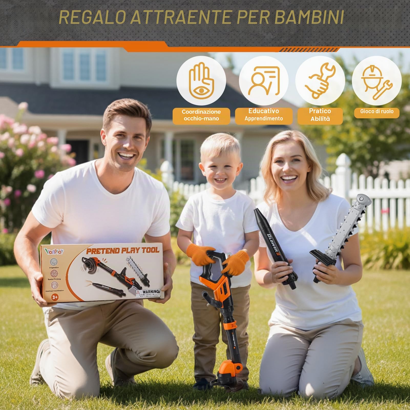 3 in 1 Attrezzi da Lavoro Bambini - Decespugliatore Giocattolo per Bambini, Motosega Giocattolo, Soffiatore Foglie, Giocattoli Bambino 3 Anni, Giochi da Giardino per Bambini