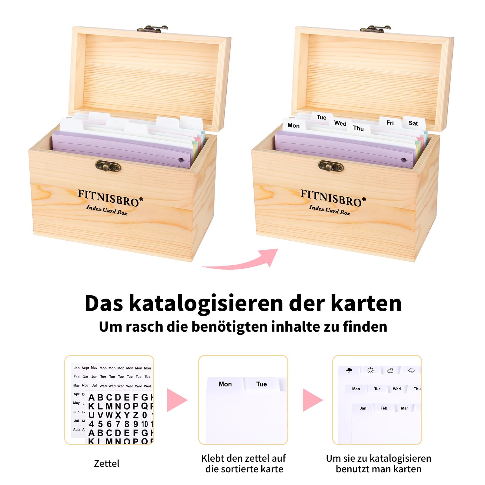 Karteikarten Box A6, 17.5 x 10 x 13cm Pinienholz KarteikartenBox, 300 linierte Notizblätter im Lieferumfang enthalten, 12 Register 6 Ringen 2 Aufkleber,für Vokabeln, Lernnotizen, Rezepte