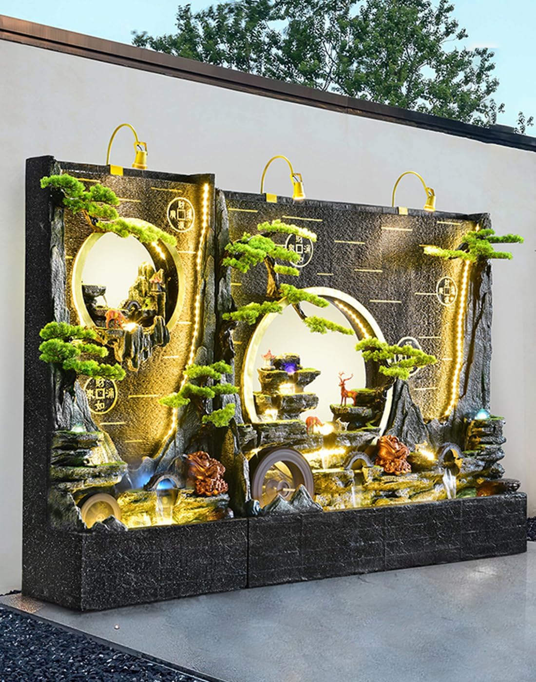 Elegant LED Waterfall Fountain with Bonsai Trees and Decorative Accents – Indoor/Outdoor Water Feature (73 inches Tall, Multi-Panel Design) (Fountians-682196318369-2-AB)(Fountians-682196318369-2-AB)