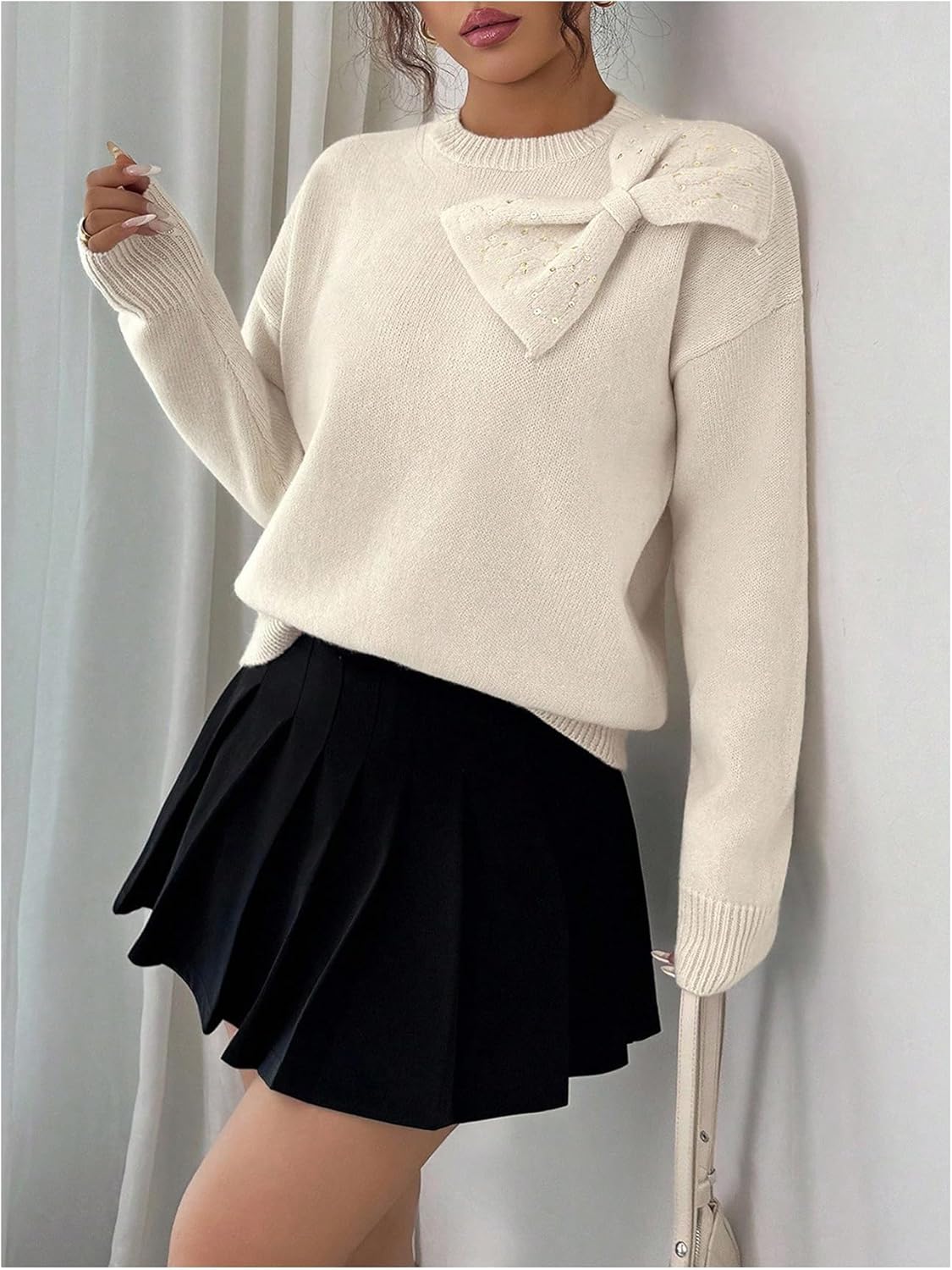 SOLY HUX Women's Sequin Bow Sweater Long Sleeve Tops Elegant Loose Pullovers Aesthetic Clothes - Image 4