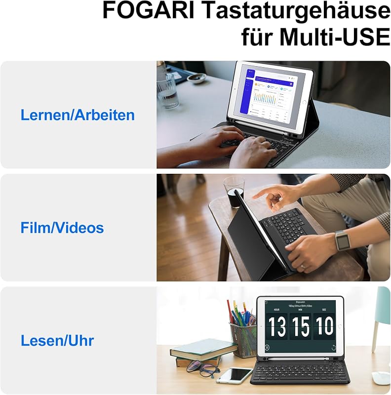 FOGARI Bluetooth Billentyűzetes Tok iPad 10.2/10.5 Készülékekhez - Német QWERTZ, Levehető, Újratölthető, Kompatibilis 9/8/7 Generációs iPad,