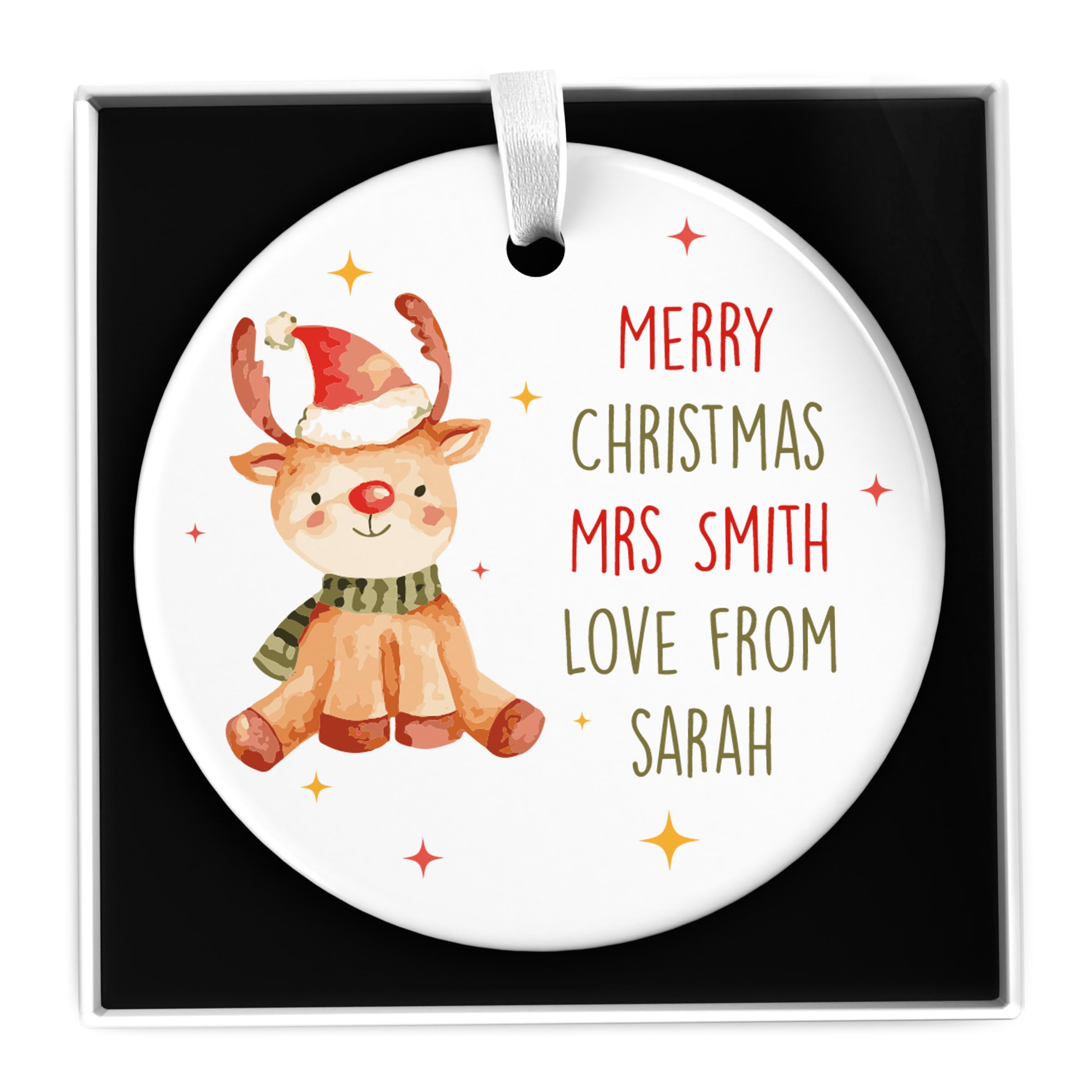 Personalised Nursery Teacher Assistant Christmas Bauble Thank You Gift, Xmas Reindeer Decoration Ornament For Teacher, Gift From Pupil Child, Ceramic Bauble With Gift Box
