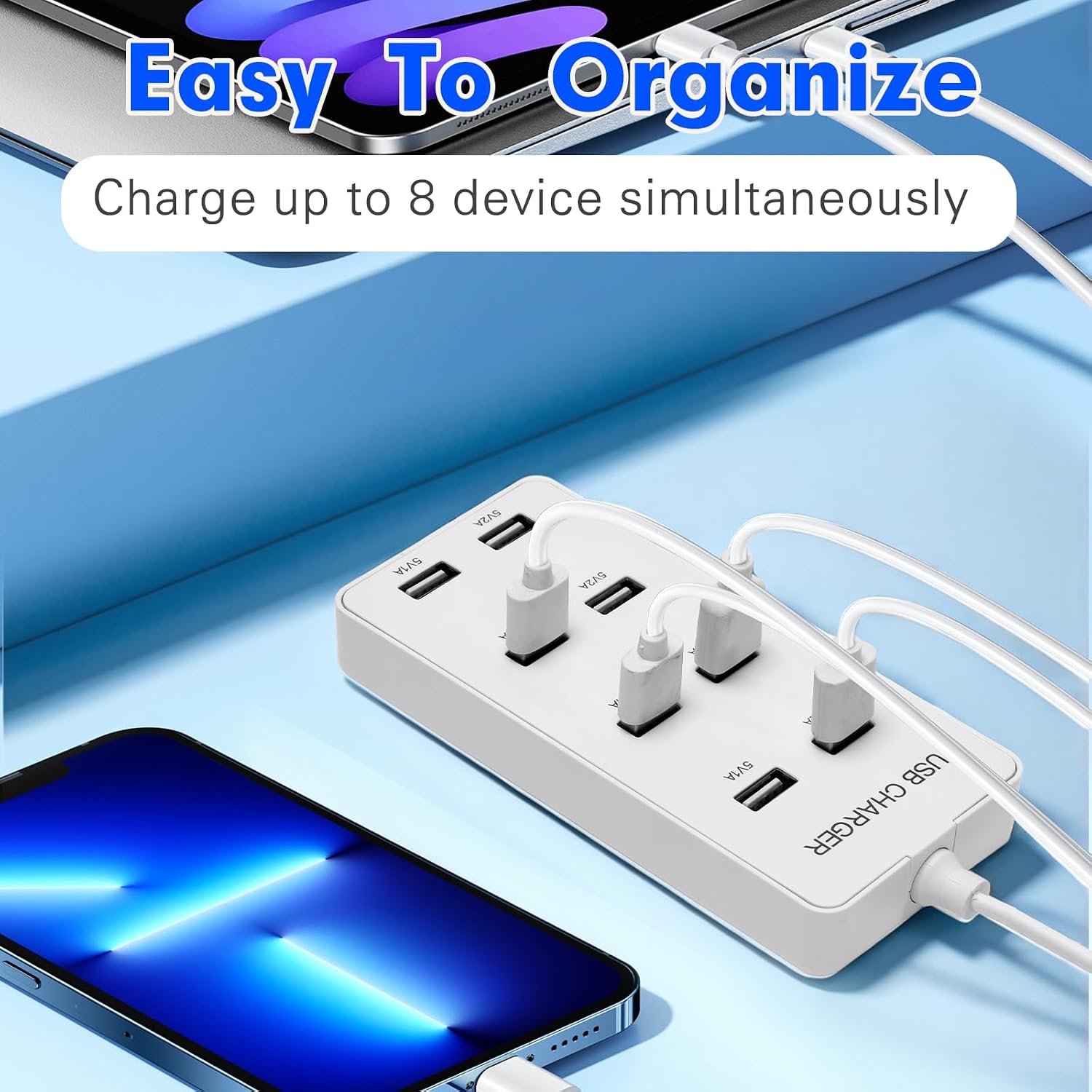 USB Wall Charger USB Charging Station for Multiple Devices 8-Ports Charging Hub Strip Smart Charger Block Compatible with iPhone, Galaxy, iPad Tablet, and Other Devices（White）