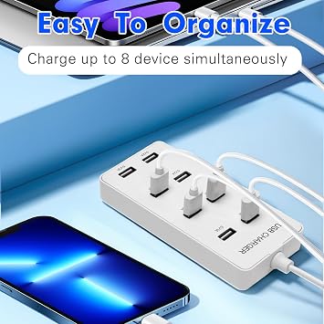 USB Wall Charger USB Charging Station for Multiple Devices 8-Ports Charging Hub Strip Smart Charger Block Compatible with iPhone, Galaxy, iPad Tablet, and Other Devices(White)