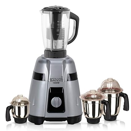 Masterclasssanyo Silver Color 1000Watts Mixer Juicer Grinder with 4 Jar (1 Juicer Jar with Filter, 1 Large Jar, 1 Medium Jar and 1 Chutney Jar) MAN20-MCS-873 Make in India 100% Copper