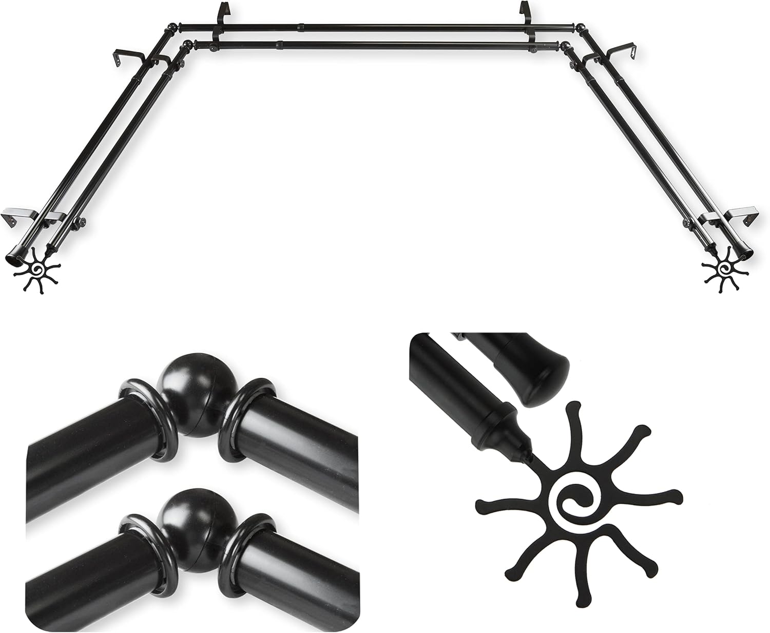 A&F Rod Décor - Sol 13/16" Bay Window Double Curtain Rod 20"-36", 38"-72" - Antique Brass