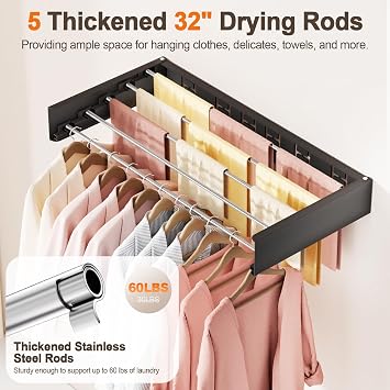 Wall Mounted Clothes Drying Rack Folding Indoor, Foldable Laundry Drying Rack Collapsible,Invisible, Space Saving, Retractable Towel Drying Rack, with Wall Template(5 Drying Rods, Black 32)