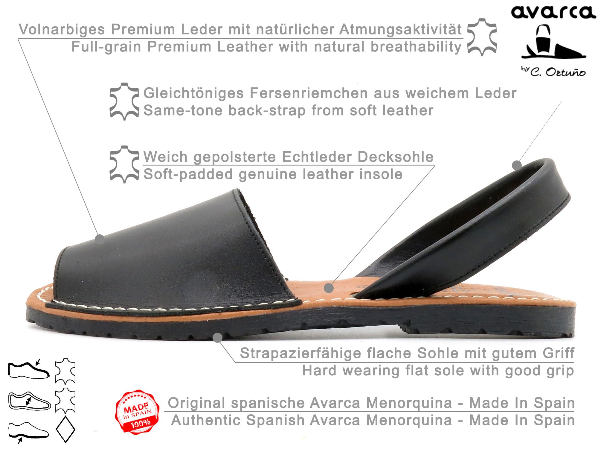 Avarca Damen Avarcas Sandalen aus Echtleder handgefertigt in Spanien gepolsterte Leder Decksohle & Fersenriemchen schwarz 35