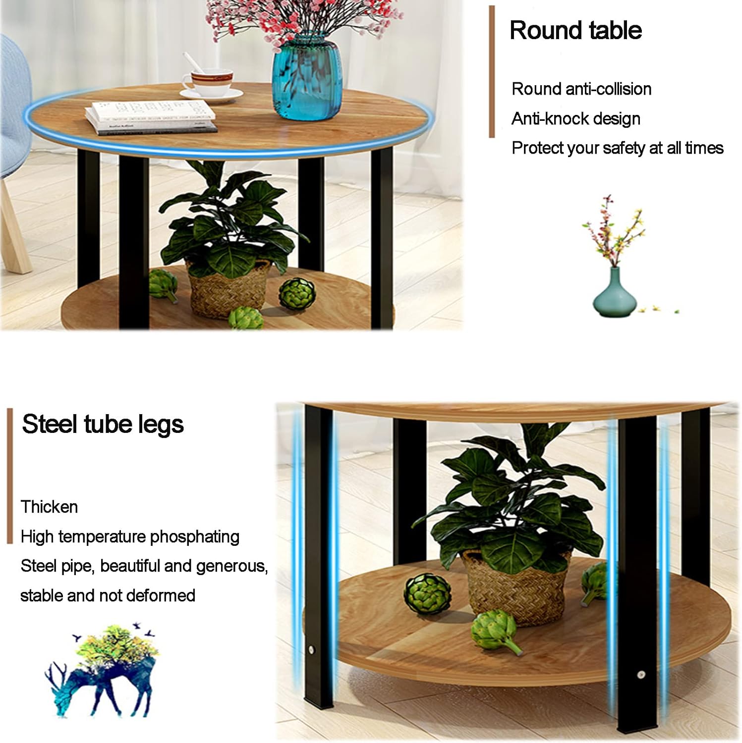 Side Table/End Table,Modern Round Coffee Tables with 2-Tier Storage Shelf Tea with Metal Frame Wood Finish Bedfor Bedroom,C
