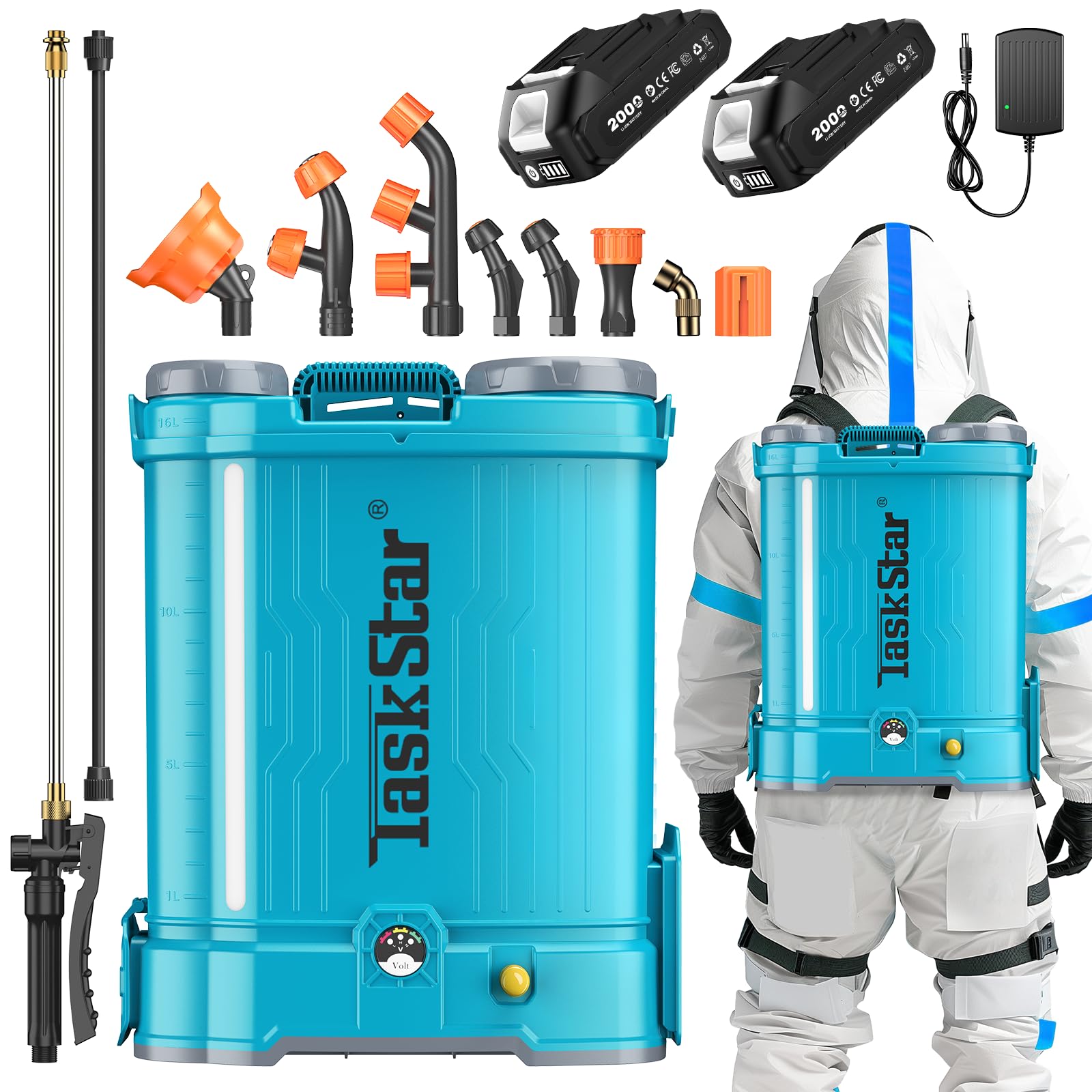 TaskStar 電動噴霧器 充電式 16L 背負 小型 2個バッテリー 6種類ノズル 2個伸縮パイプ 圧力調整 低騒音 除草 防除 消毒 掃除 家庭菜園 園芸 散水 家庭用
