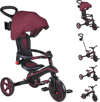 Globber Foldable Explorer Trike and Balance Bike 4 in 1 with Adjustable Canopy - Parental Steering Handle - Cup and Phone Holder - Safety Harness - Burgundy
