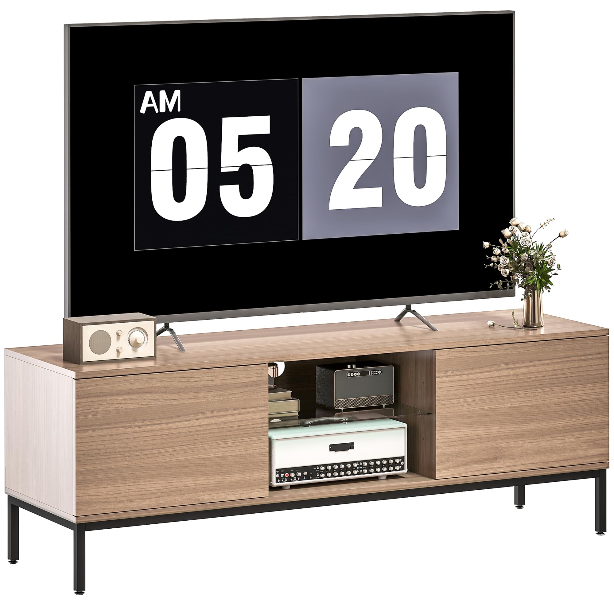 HOMCOM Mueble de TV Moderno Mueble de TV para Salón con 2 Compartimentos Abiertos 2 Puertas Estante de Cristal Ajustable y 2 Orificios para Cables para Televisión hasta 60 Pulgadas 140x40x49,5 cm Gris