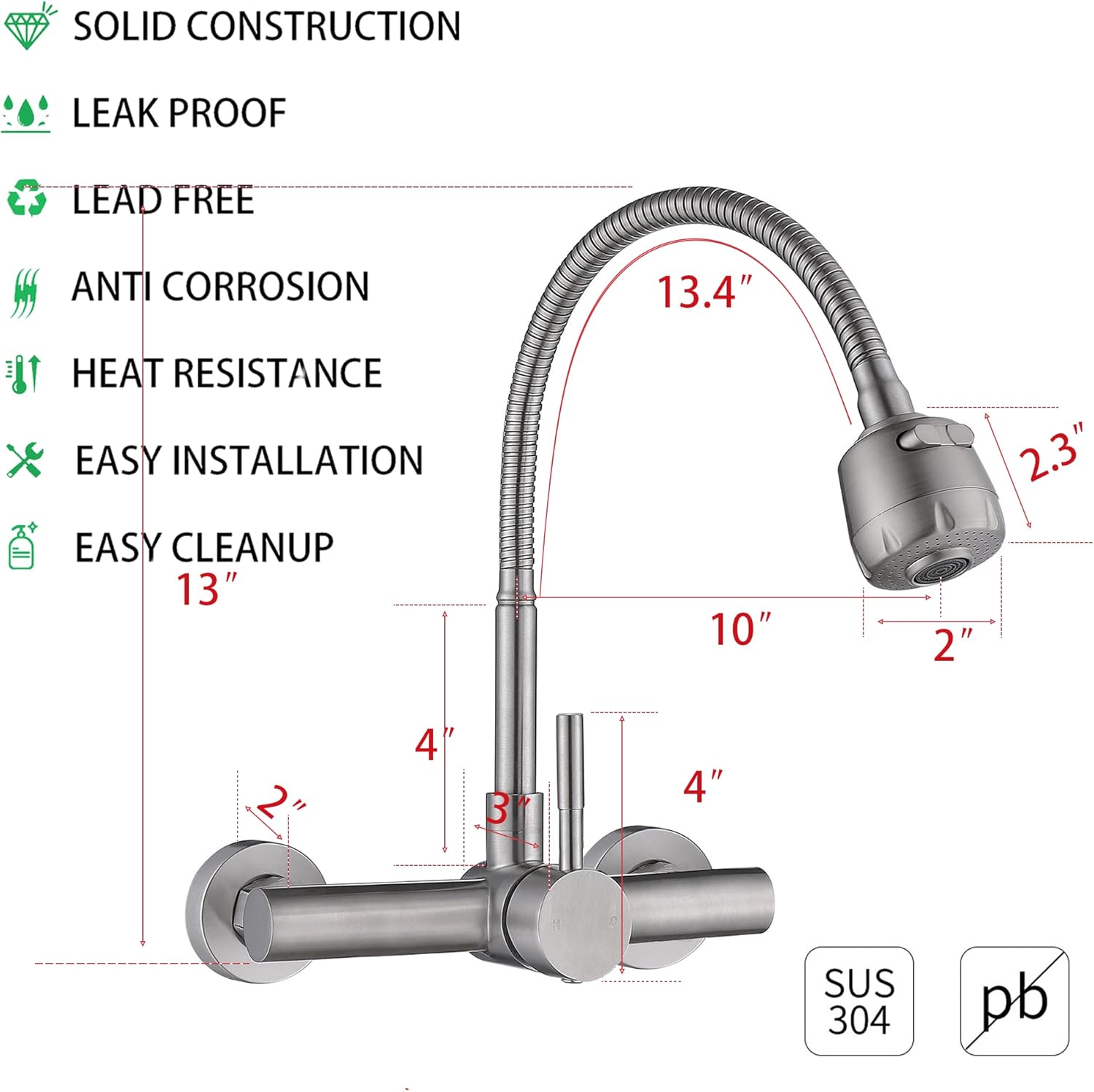 Wall Mount Kitchen Sink Faucet with Sprayer 8“ Inch Center, Brushed Nickle Stainless Steel Sink Mixer Tap, Laundry Utility Faucets with Dual Functional Sprayer