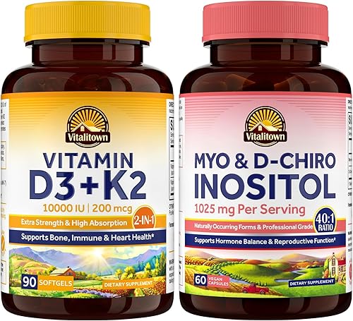 Vitalitown Paquete D3 K2 e inositol  Vitamina D3 10000 UI + K2 MK7 200mcg + Mio-inositol y D-Chiro para mujeres, apoyo inmunológico y equilibrio