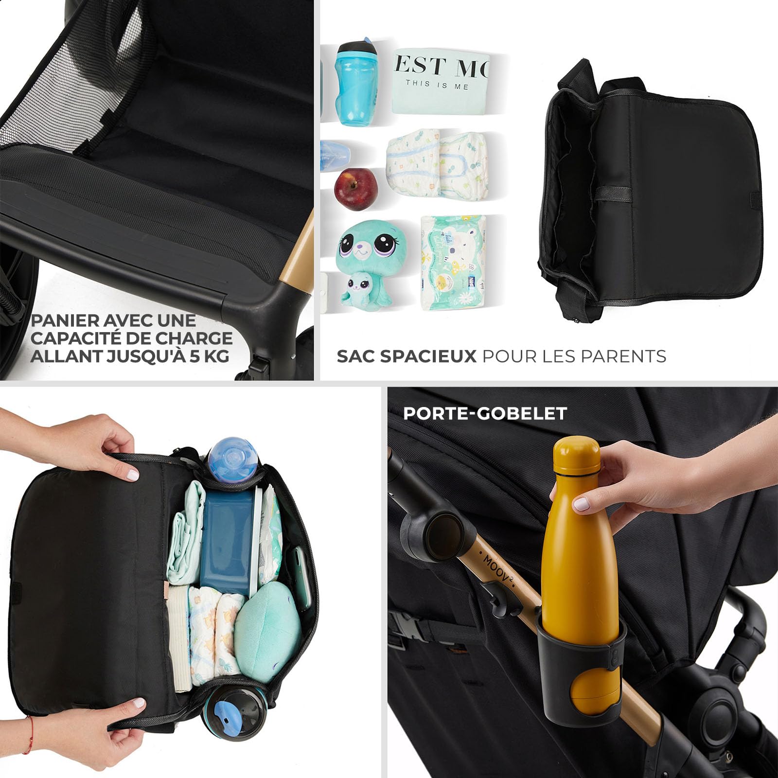 Kinderkraft MOOV XL 3 en 1, Poussette jusqu'à 27 kg, Landau, Avec siège I-SIZE 40-75 cm, Pliable, Absorption des chocs, Convertible, Nacelle XL, Avec accessoires, Noir