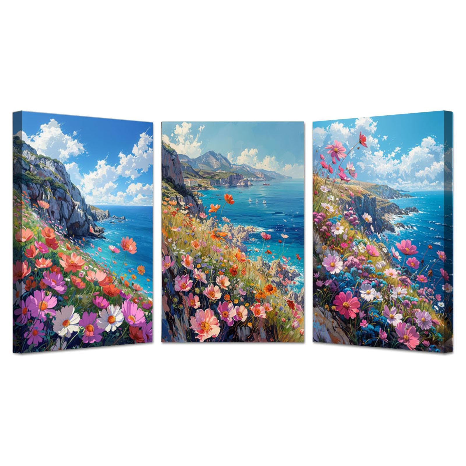 JOSUE 3PCS Watercolor Painting Ocean Flowers Canvas Wall Art For Bathroom,Pink,blue Modern Decorative Contemporary For Living Room Bedroom Office-20x30cmx3 Framed — image 1