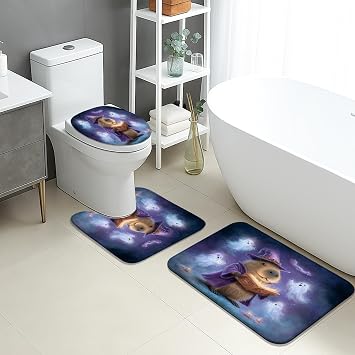 Magical Bathroom Mat Sets 3 Piece, Cute Wizard Animals Absorbent Non Slip Toilet Rugs U Shaped Washable, Fantasy Themed Quick Dry Flannel Bathroom Rug Set