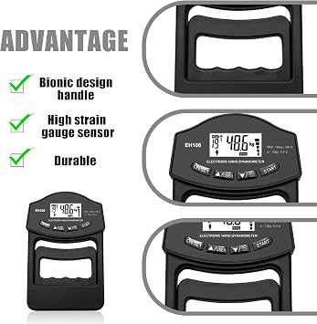 Digital Hand Strength Gauge, 396 lb/180 kg Grip Strength Gauge, Sensitive Grip Strength Tester, Electronic Grip Strength Gauge, Large LED Screen with USB Charging Cable (Black)
