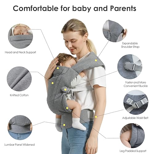 Miniatura 4 de Portabebés para recién nacidos a niños pequeños (7-30 libras), portabebés con soporte para la cabeza, portabebés con soporte lumbar mejorado, gris