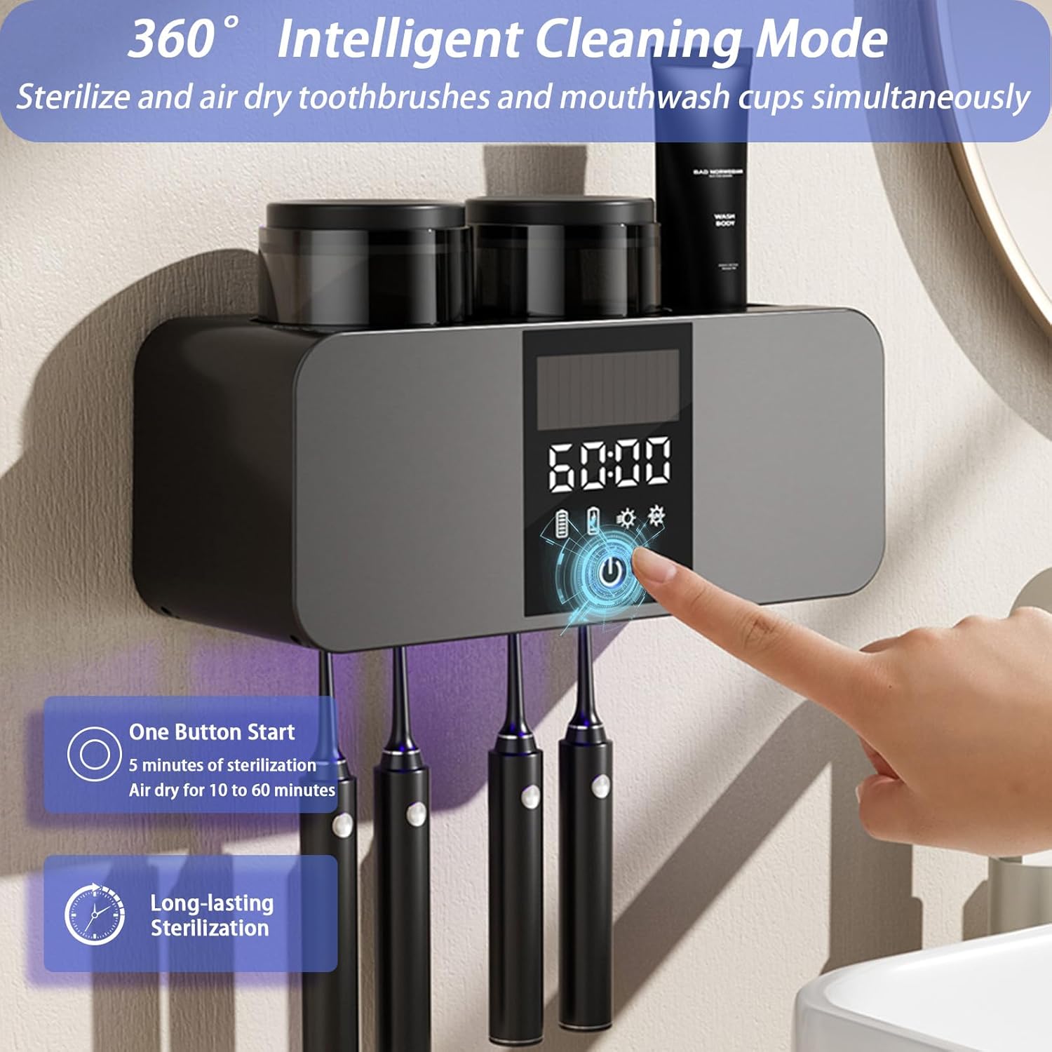 バスルーム用歯ブラシホルダー、LEDスマートスクリーンバスルームアクセサリー、クリーニング、空気乾燥、タイマー機能、ソーラー充電式コ