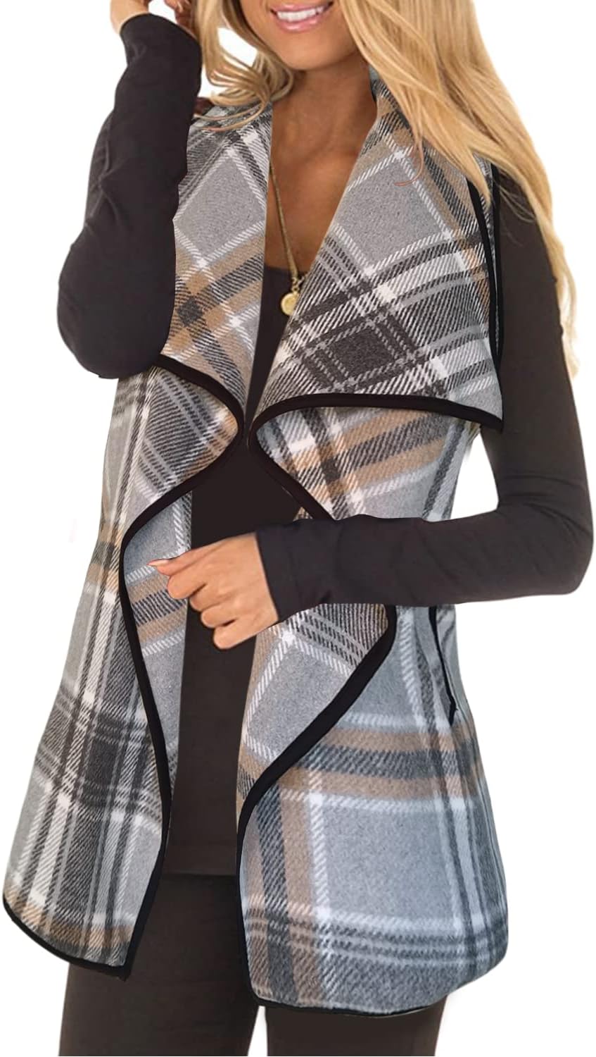 YACUN Women Plaid Vest Lapel Open Front Sleeveless Jacket Outerwear Cardigan with Pockets