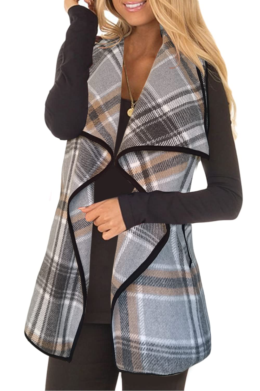 yacun women plaid vest lapel open front sleeveless jacket outerwear cardigan with pockets