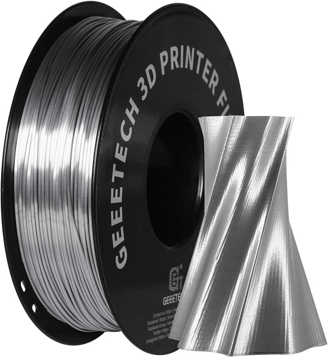 Geeetech Silk PLA Filament 1.75mm for 3D Printer, Metal-Like Shiny 3D Filament 1kg (2.2lbs) 1 Spool, Dimensional Accuracy +/- 0.02 mm, Metallic Silver Silk Filament
