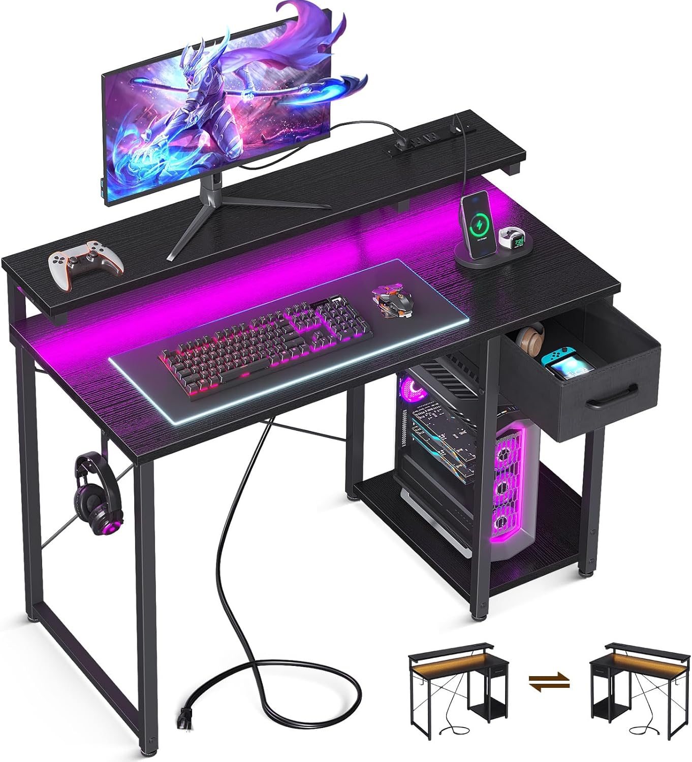 Amazon.com: AODK Gaming Desk with LED Lights & Power Outlet, 40 Inch ...
