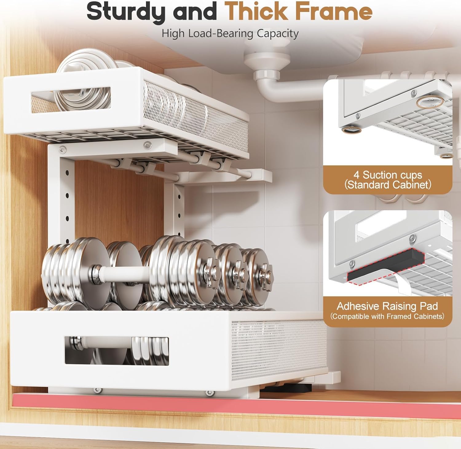 2-Pack Under Sink Storage Organizer, Large 2-Tier Elegant Mesh Pull Out Shelf for Kitchen and Bathroom Cabinet Organization, L-Shaped and Adjustable Height Design for Maximum Space Efficiency-White - Image 6