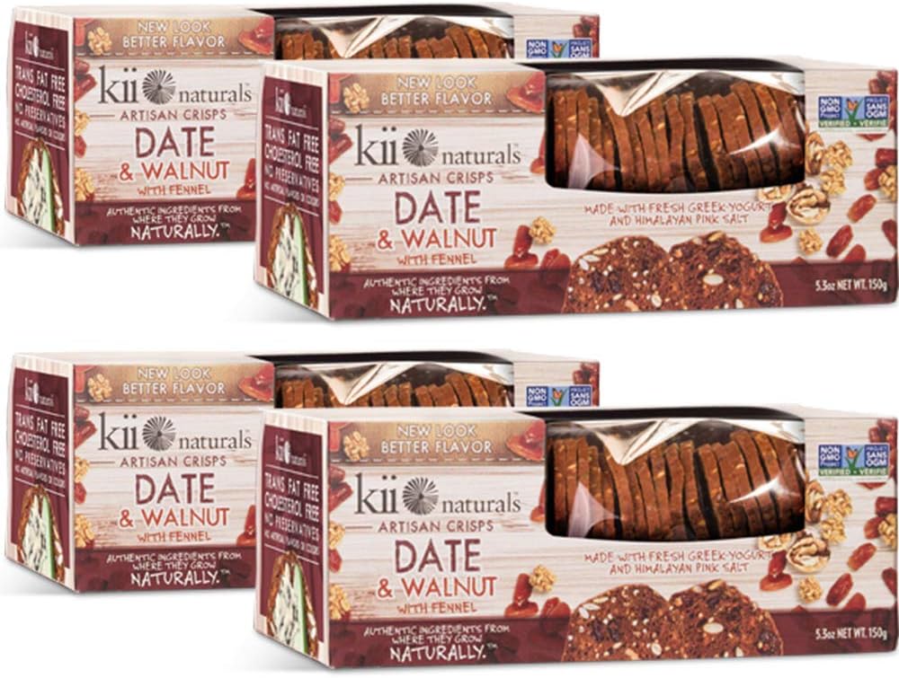 Kii Naturals Artisan Crisps - Date and Walnut • 5.3oz (4 Pack) • {Professionally Packed/Packaged for Shipping} • [Chips|Crackers|Spread|Flatbread|Snack|Cheese|Dips|Tea|Wine|Toast|Bread]