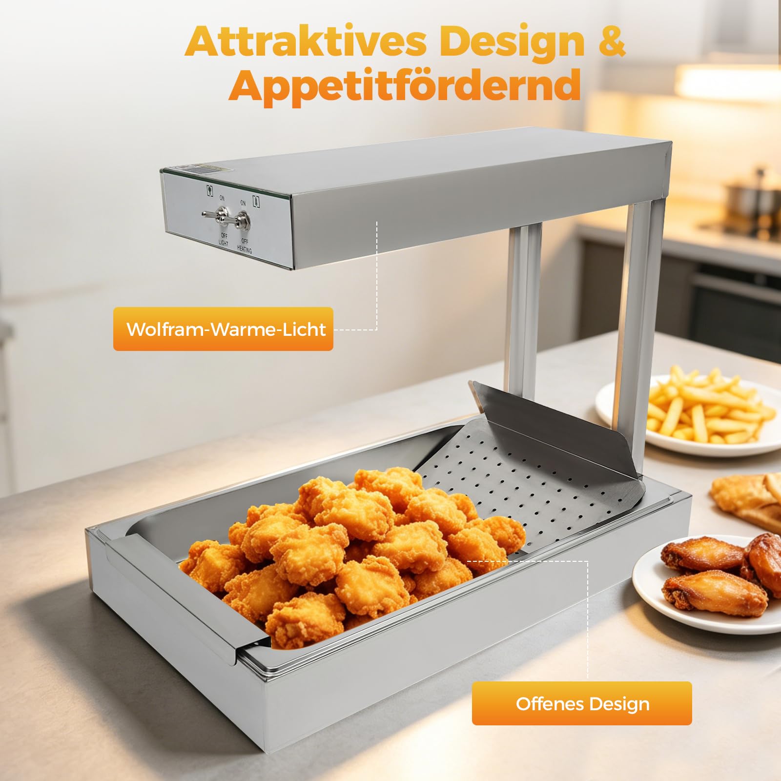 750W Pommes Frites-Wärmer Pommes Frites Wärmestation Elektro Pommeswärmer mit Beleuchtung, Wärmebrücke für Chips, Frittierte Lebensmittel