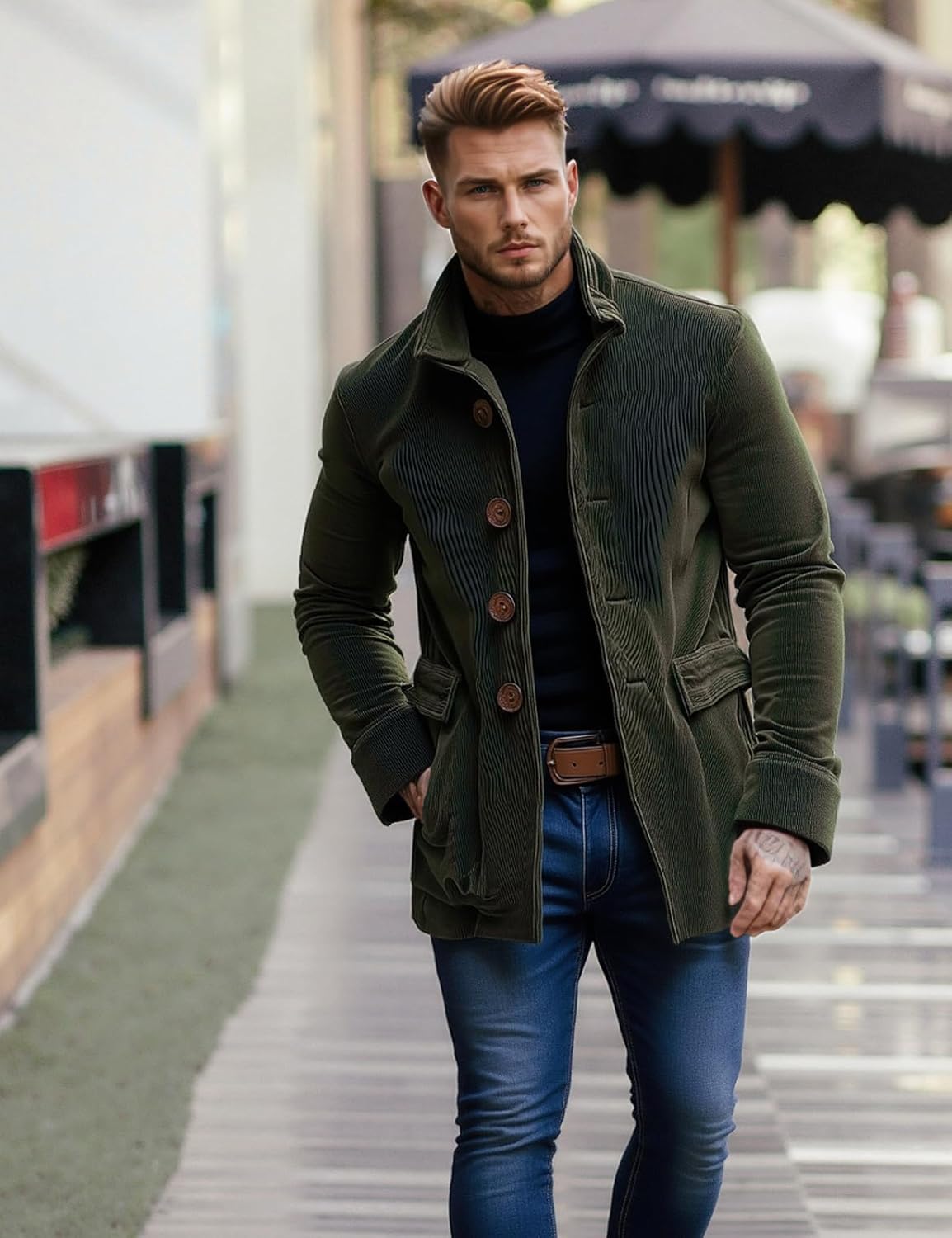 Men's Vintage Corduroy Short Coat,Slim Fit Single Breasted Jacket with Stand Collar... - Image 5