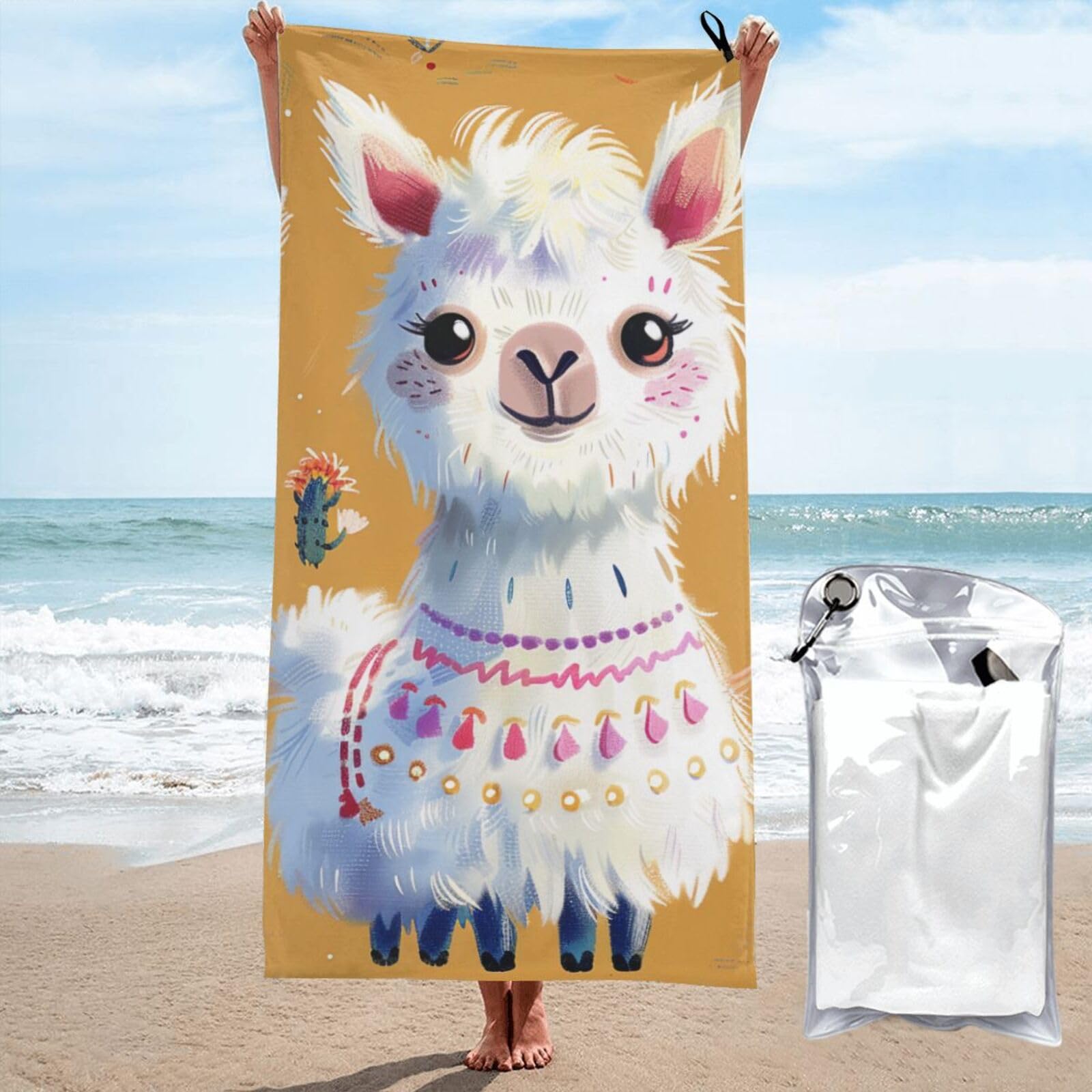 BWWHCCTI Cartoon Alpaca Cute Animal Printed Microfiber Quick Dry Beach Towel 80x160 CM, Fast Drying Bath Towels with Bags for Travel,Camping,Gym,Beach,Swimming,Yoga