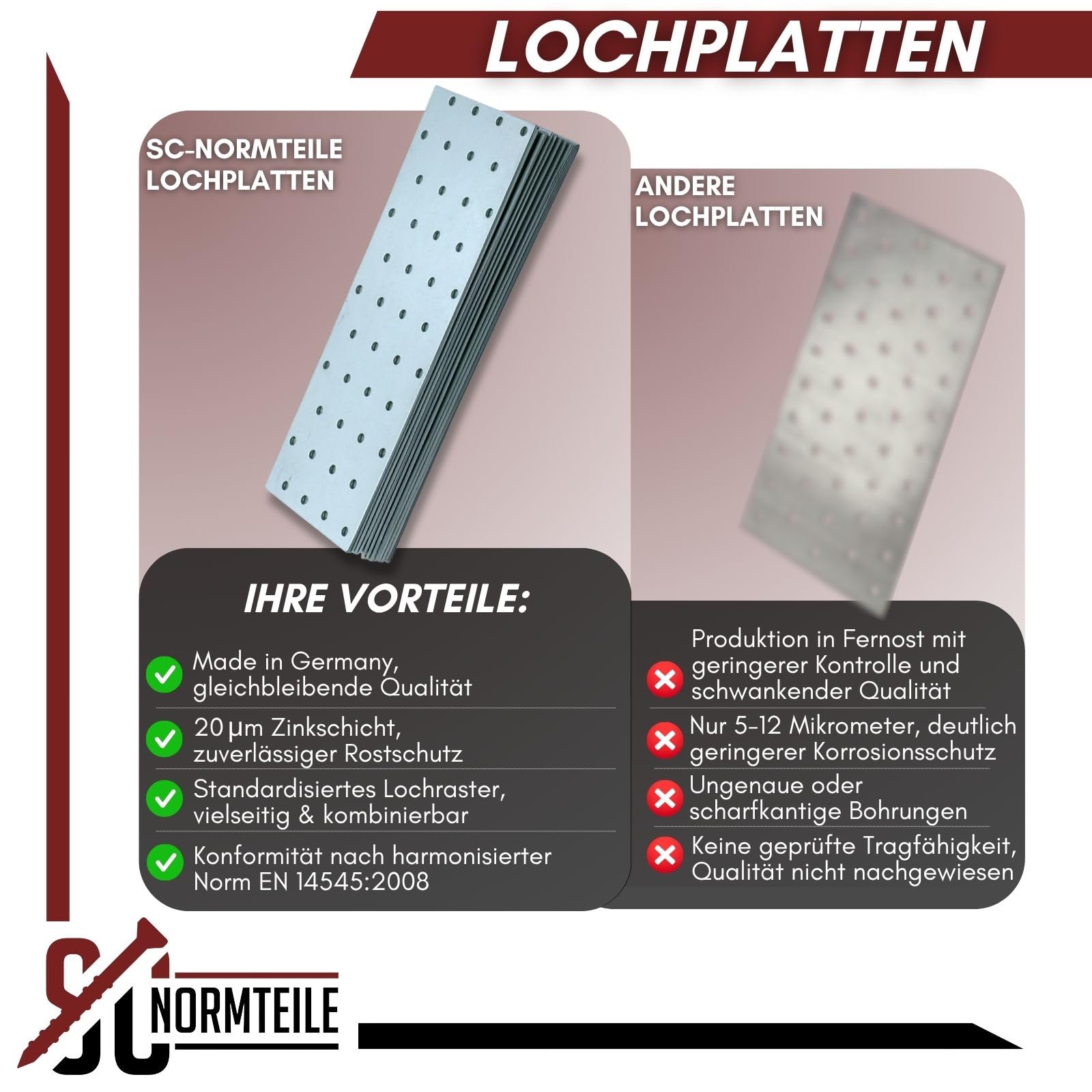 SC-Normteile | Lochplatten - 200 x 300 mm (Stärke: 2mm) - 12 Stück - verzinkter Stahl - Verbindungsplatte mit Lochung - Made in Germany