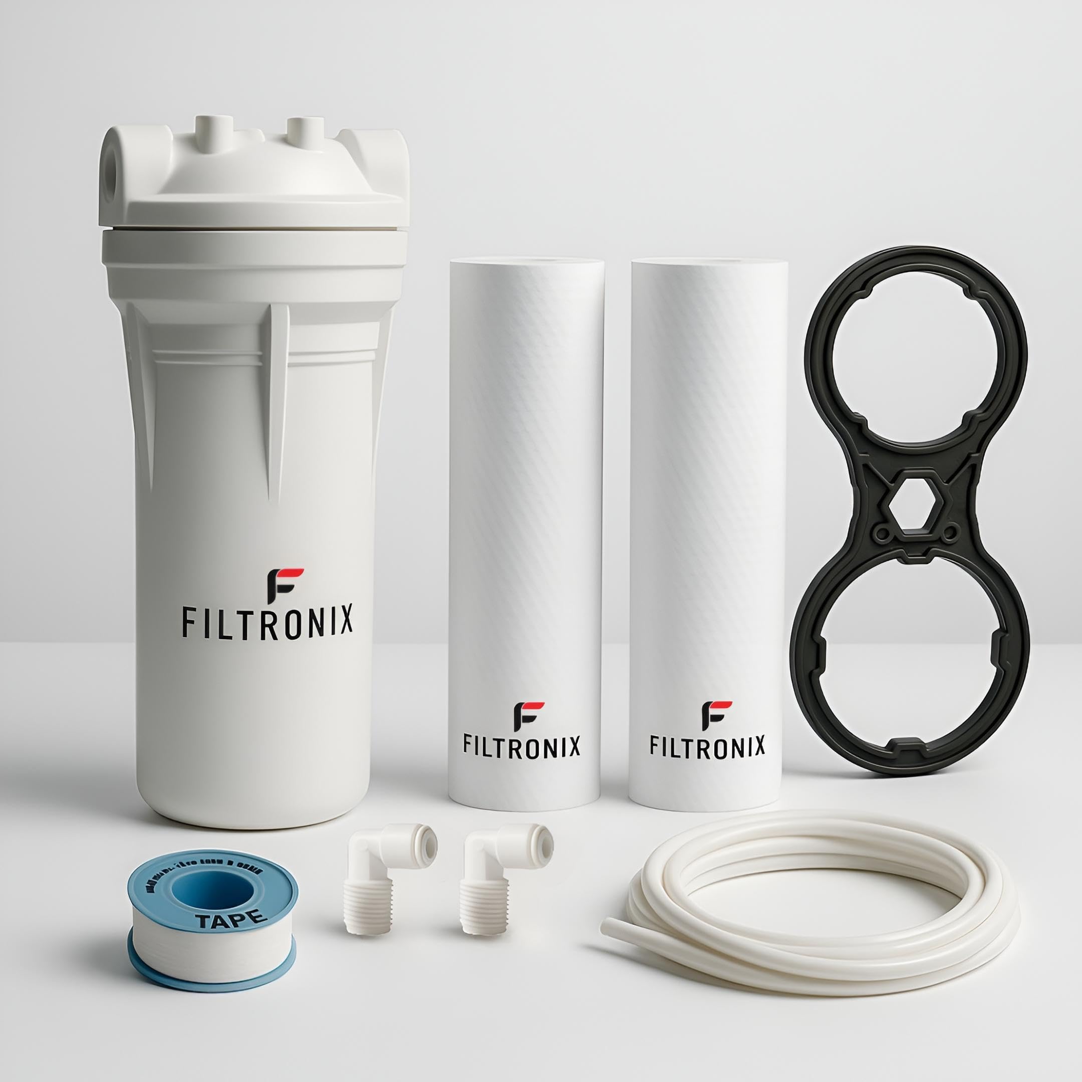 FILTRONIX® Premium RO Water Filter Kit | 10-Inch Bowl Housing + 2 Spun Filters + RO Key + 5M Pipe + Teflon Tape + Elbow Connectors | Universal Compatibility | DIY Installation | Leakproof Kit-image-43