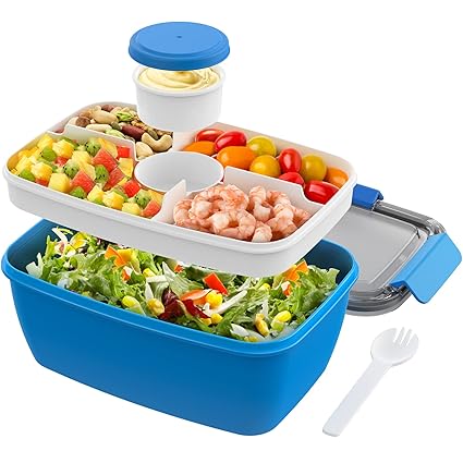 Cherrysea Salad Lunch Container, 68oz Salad Bowls with 4 Compartments Tray,Leak Proof Lunch Box with Fork for Men,Women BPA-Free Snack Container with Sauce Container for Dressings-Blue