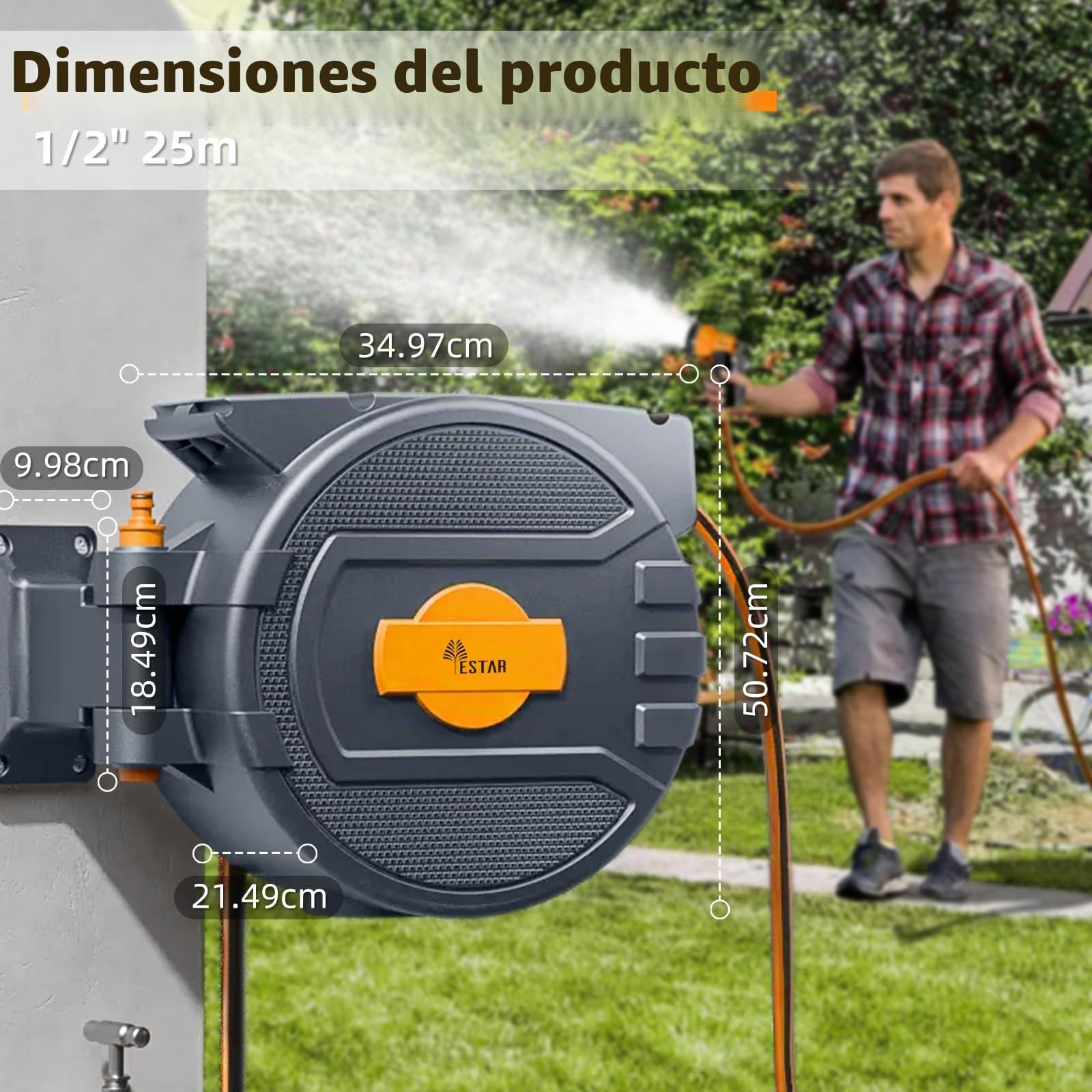 Carrete de manguera de 25 m + 2 m, con rebobinado automático y rotación de 180°, caja de pared con tope de bloqueo y 7 boquillas de chorro, para riego de jardín y lavado de coche