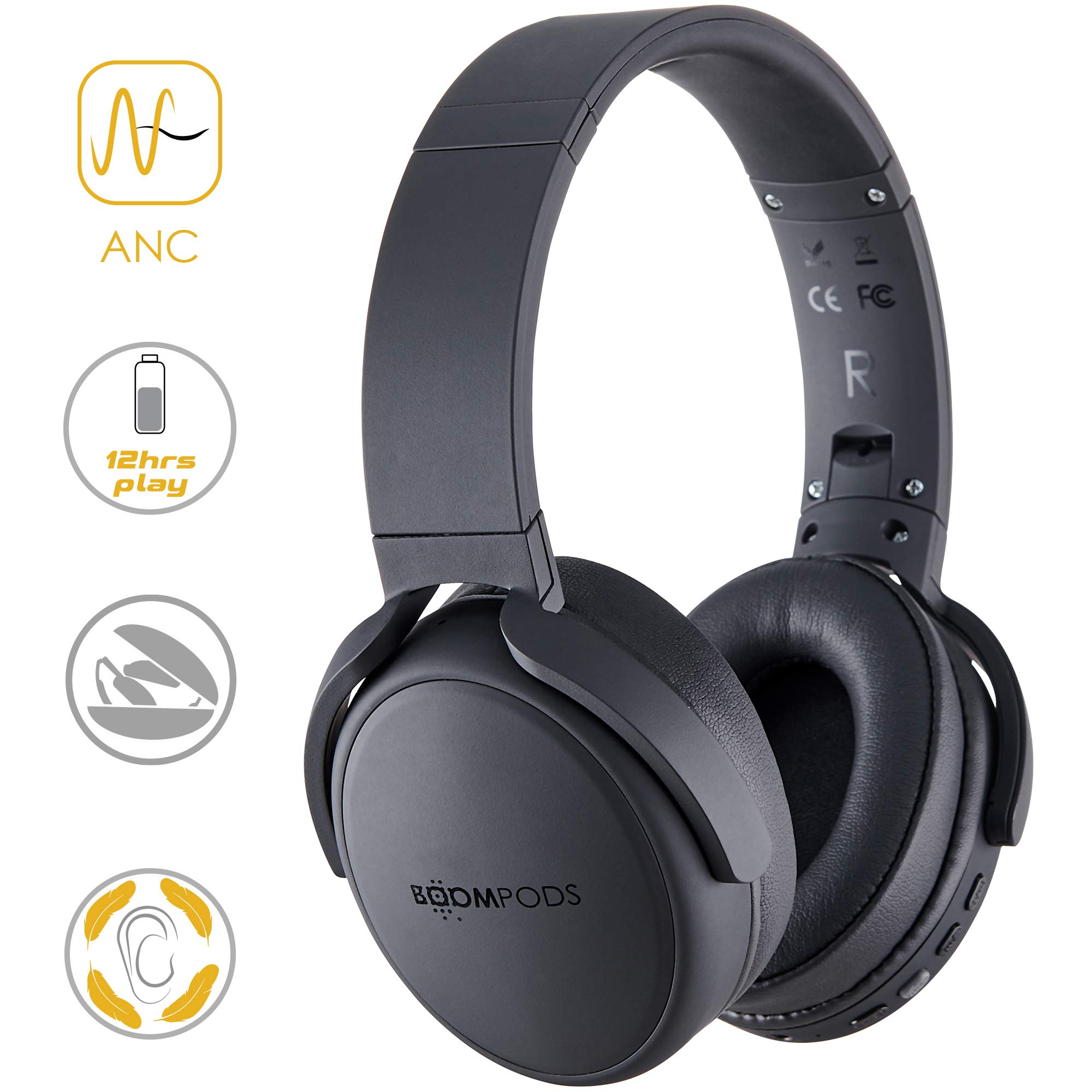 Boompods Headpods ANC Noise Cancelling Kopfhörer - Kabellose Over-Ear Bluetooth Kopfhörer mit Mikrofon, 12 Std-Akkulaufzeit und Pillowfoam Ohrpolster, Faltbares Design mit Reiseetui, Schwarz