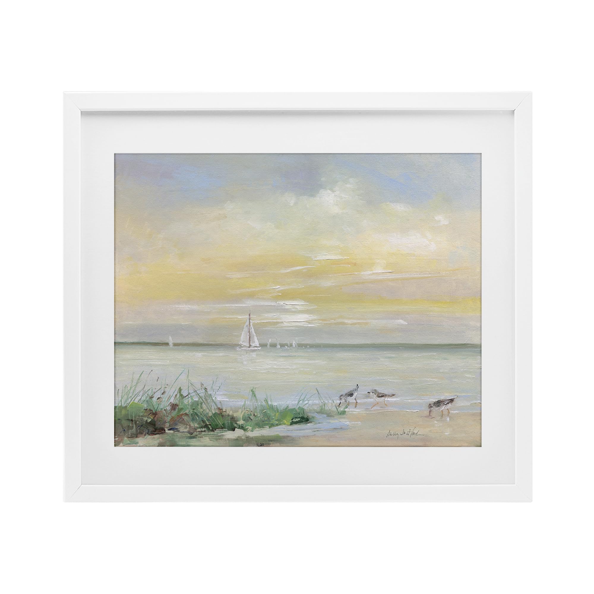Stupell Industries Coastal White (Textured) Sailboats Sanderlings Shore, 17 X 21 Inch Framed Print Under Glass
