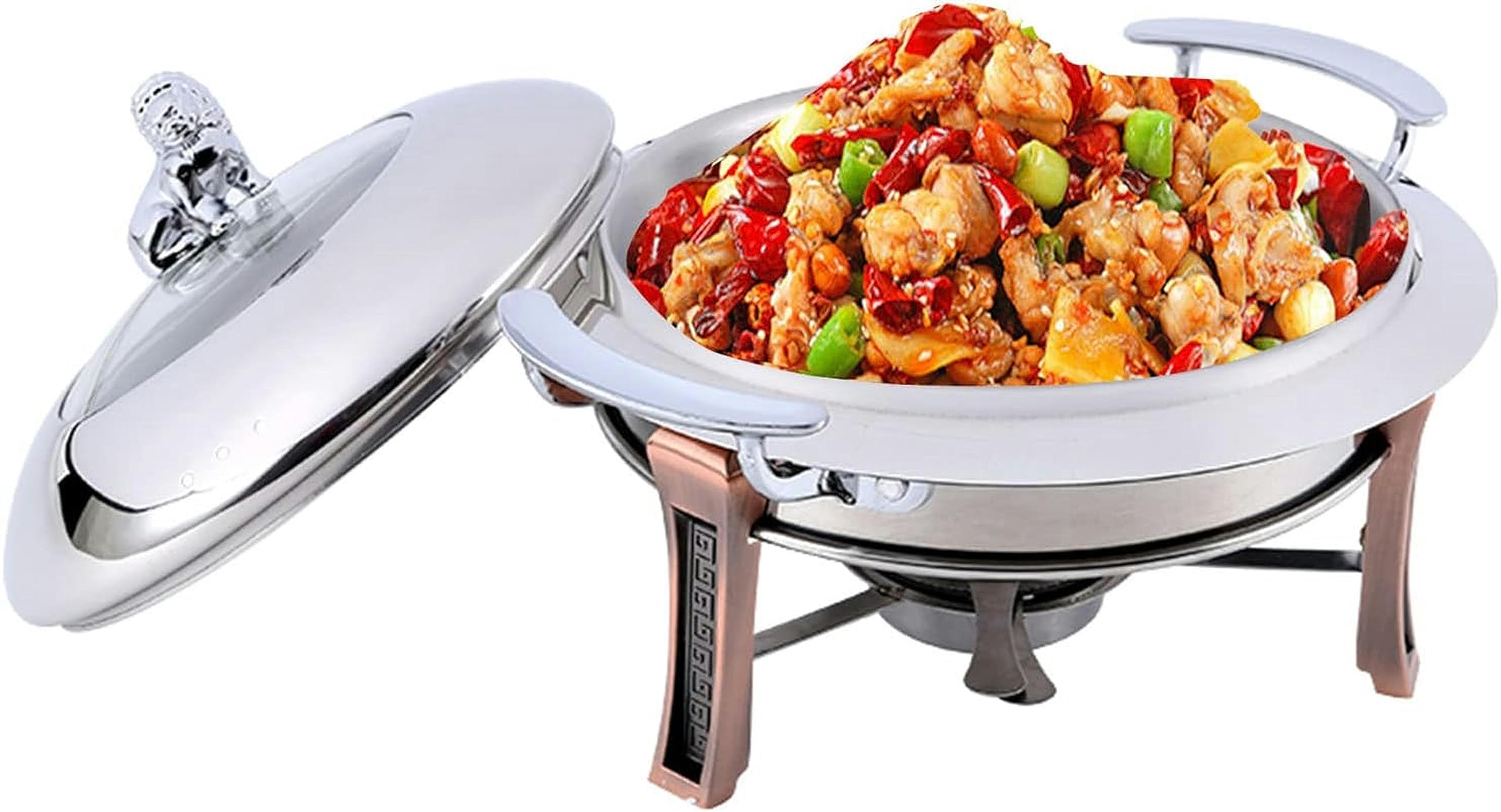 Chafing Dish rotondo di dimensioni standard, set di contenitori riscaldanti per buffet in acciaio inossidabile, con teglia per alimenti, coperchio e contenitore per combustibile, per catering, feste e